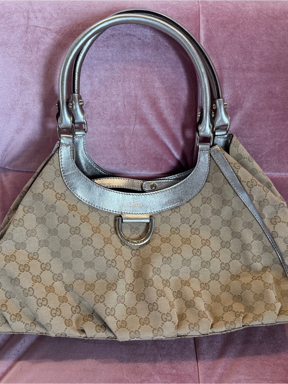 Auth Gucci Abbey D-Ring GG Canvas Gold Leather Trim Boho Bag Large